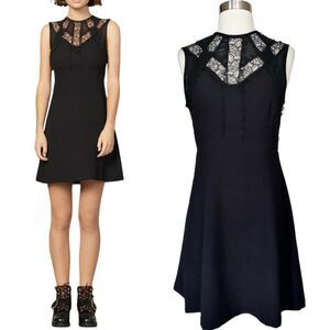 SANDRO Enna Black Dress Crepe Chantilly Lace Fit & Flare Sleeveless FR 40 Large